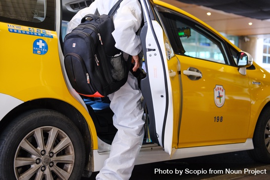 Back view of person with backpack getting in a taxi car by Scopio from Noun Project (CC BY-NC-ND 2.0)